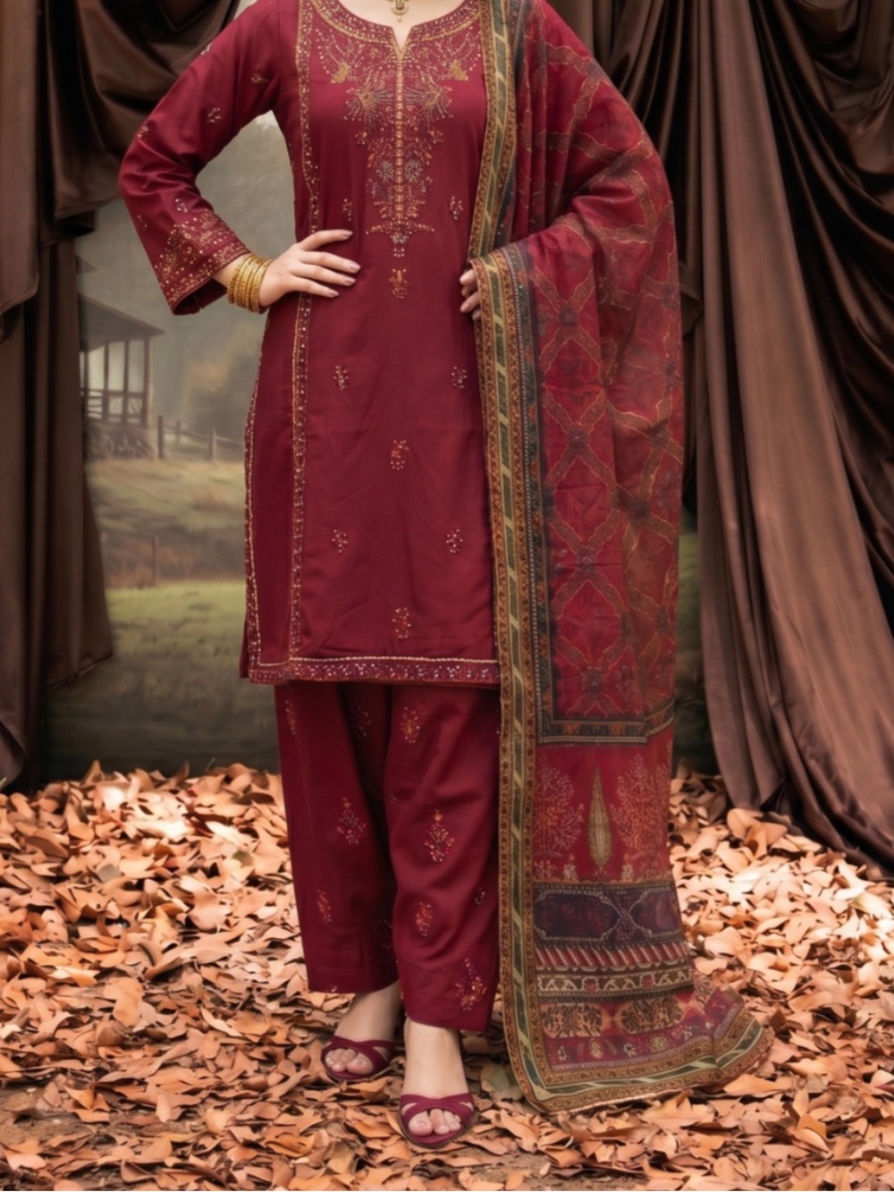 Womens Embroidered Maroon Straight Pantsuit with Printed Dupatta
